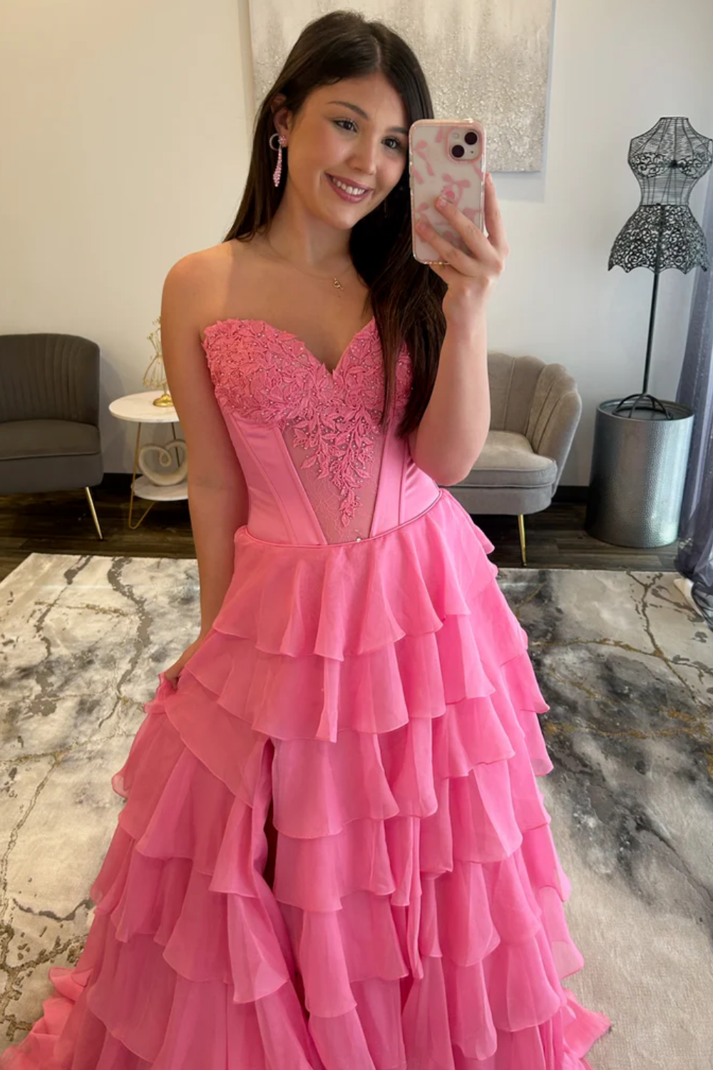A-Line Strapless Appliques Ruffles Tiered High Side Slit and Train Prom Dress WU1626