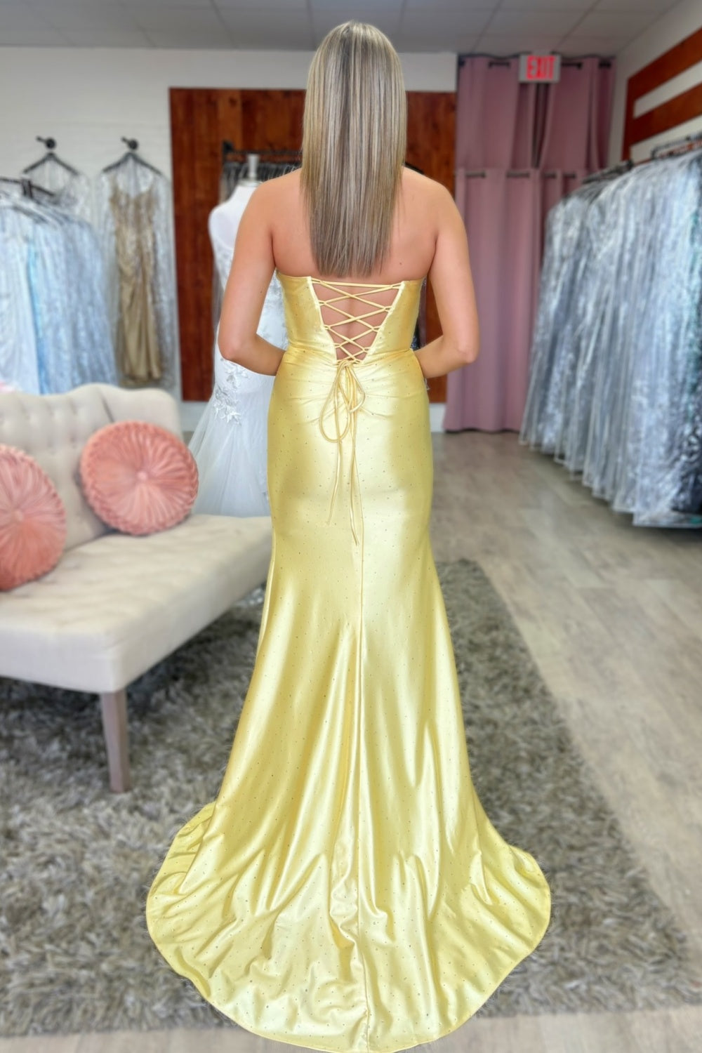 Strapless Sleeveless Pleated Beaded High Side Slit and Train Prom Dress WU1674