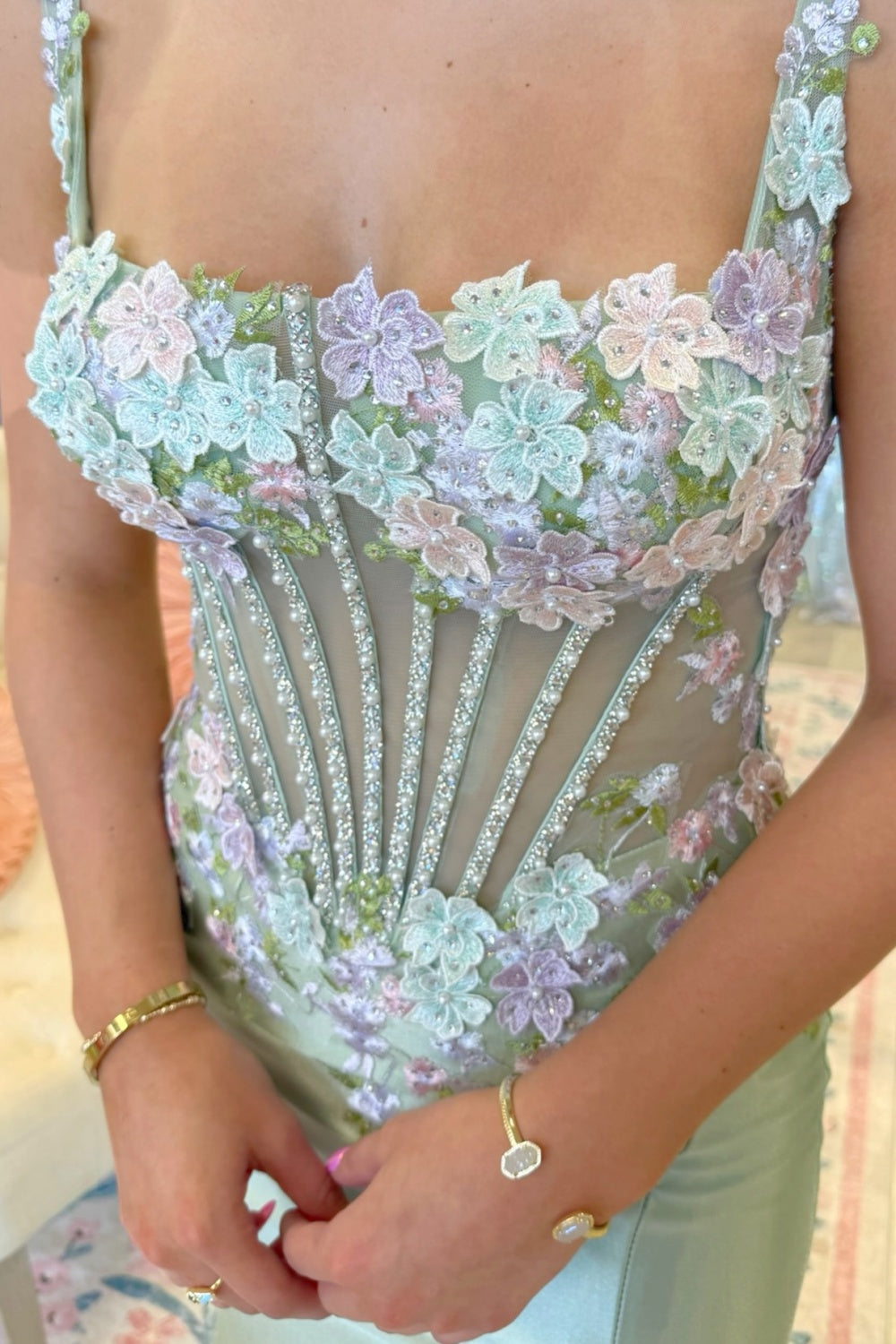 Square Neck Straps 3D Flower Appliques Beaded High Side Slit and Train Prom Dress