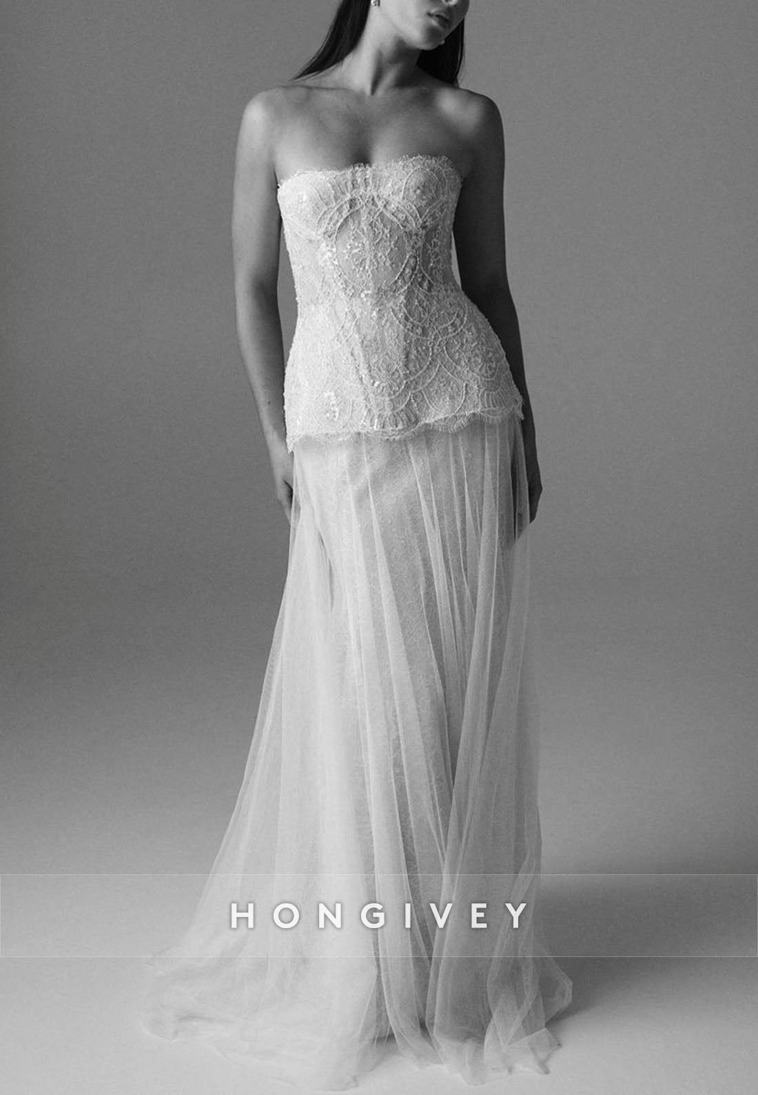 Strapless Lace Court Train Bridal Gowns A-Line Wedding Dresses with Beading