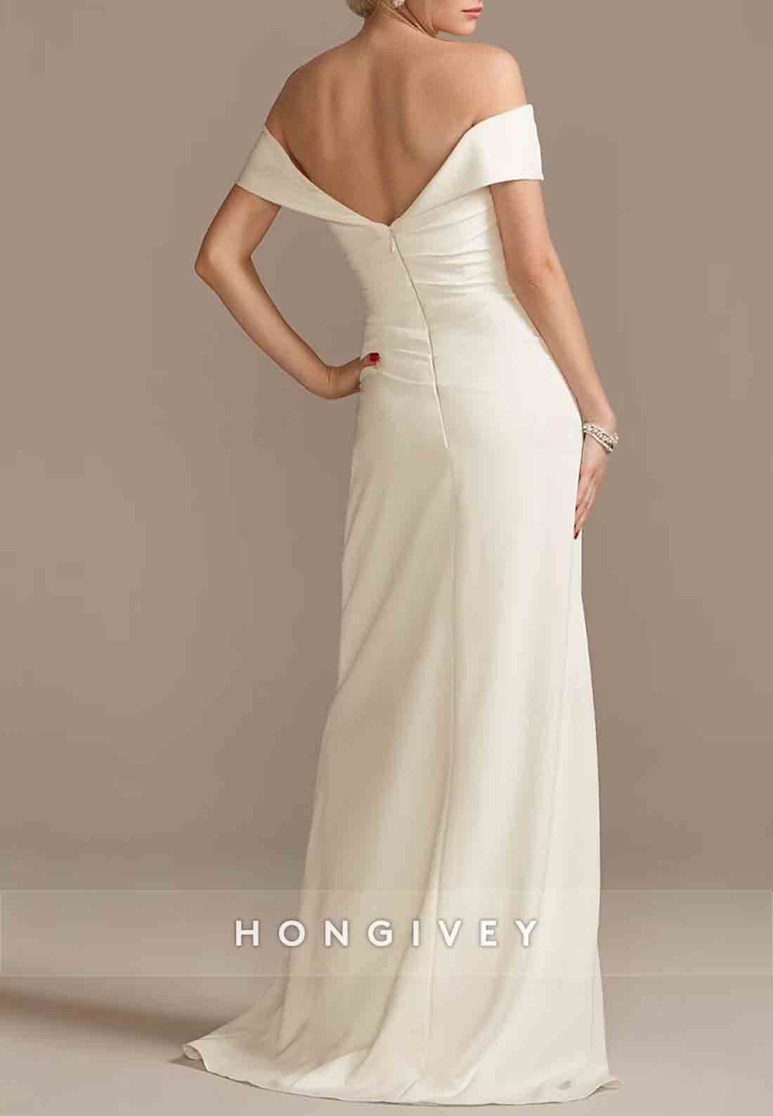 Simple Off the Shoulder V Back Column Pleated Wedding Dresses