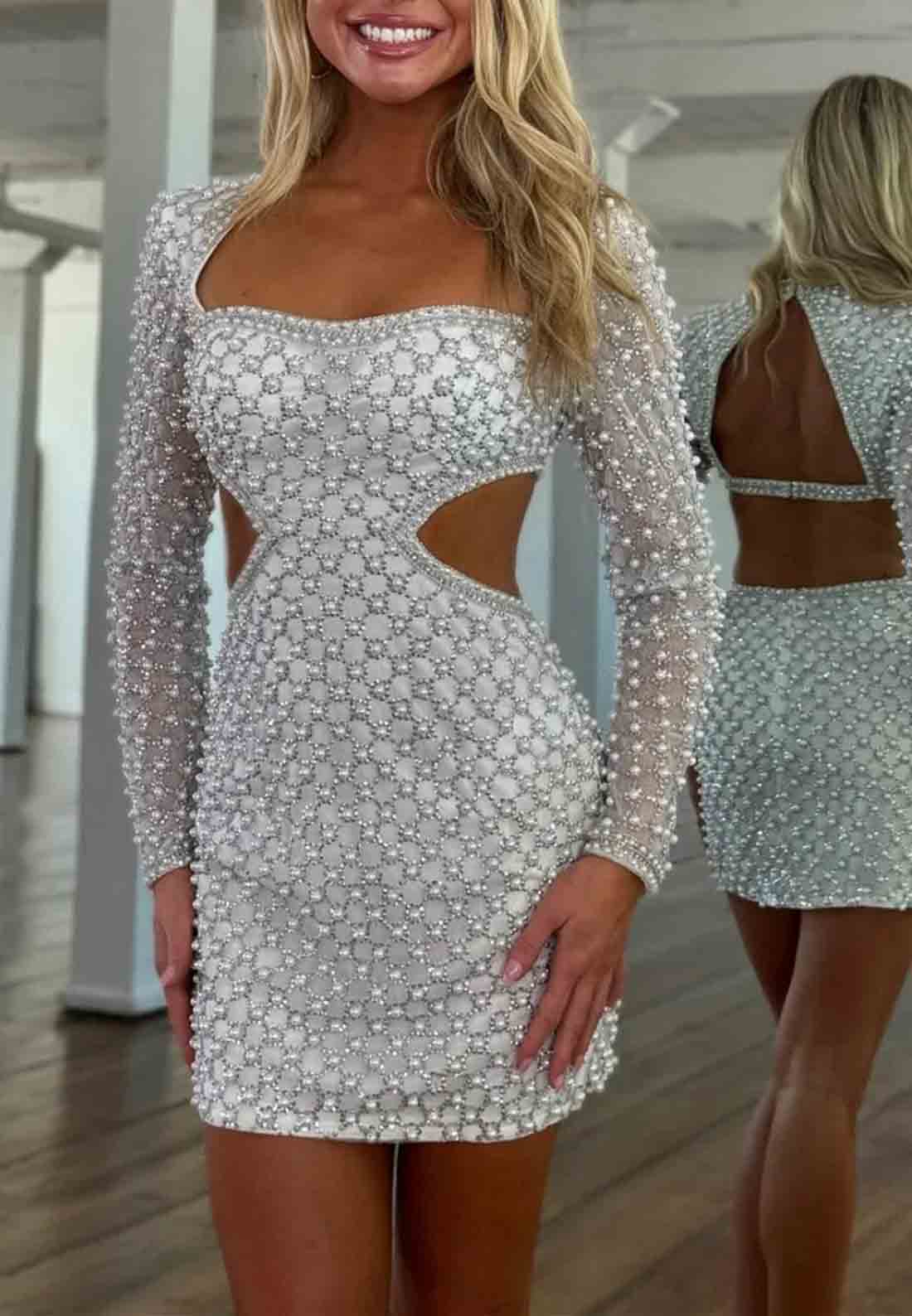 White Pearl Beaded Long Sleeve Cutout Back Mini Homecoming Dress