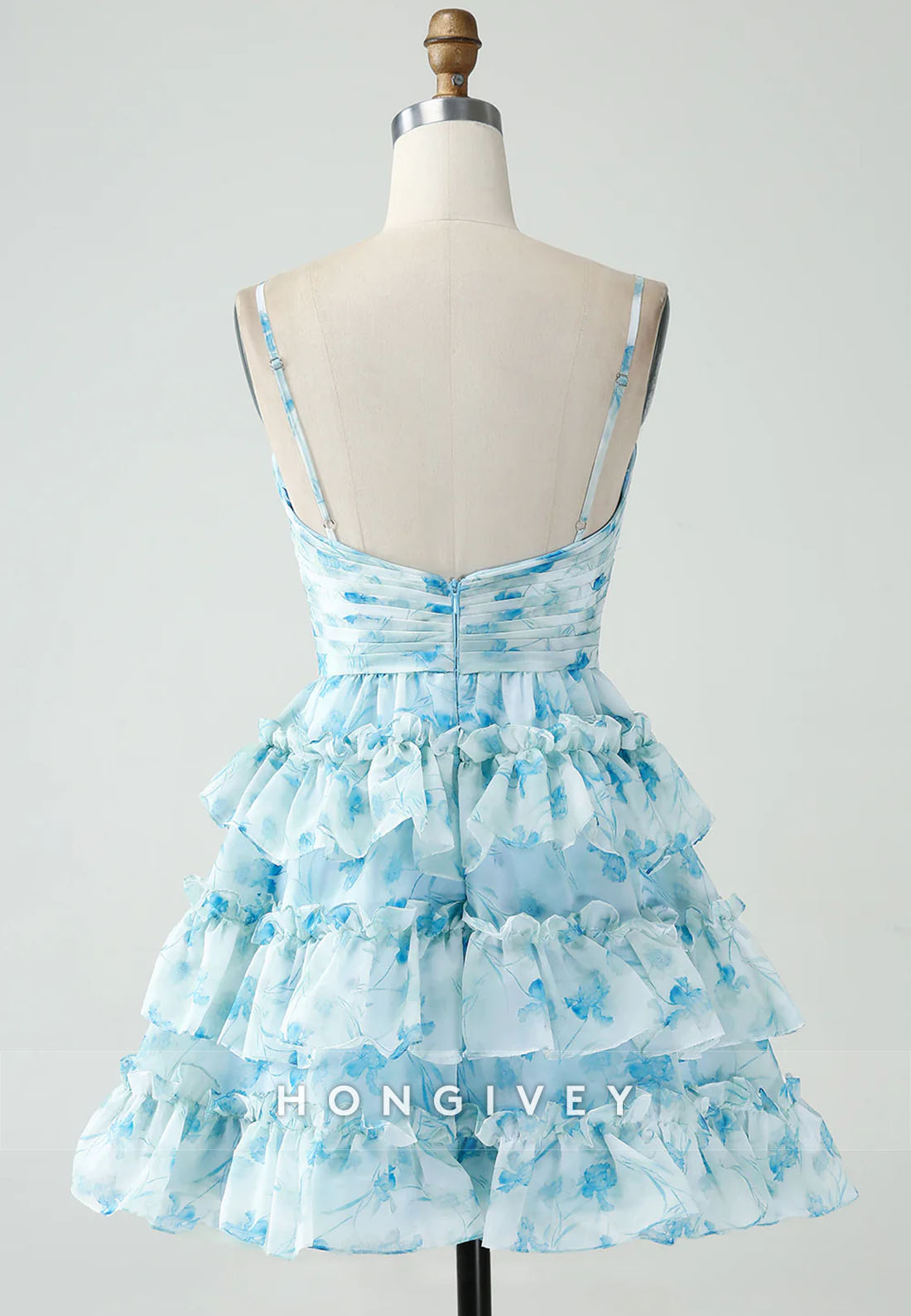 A-Line Spaghetti Straps Tiered Blue Floral Short Homecoming Dress