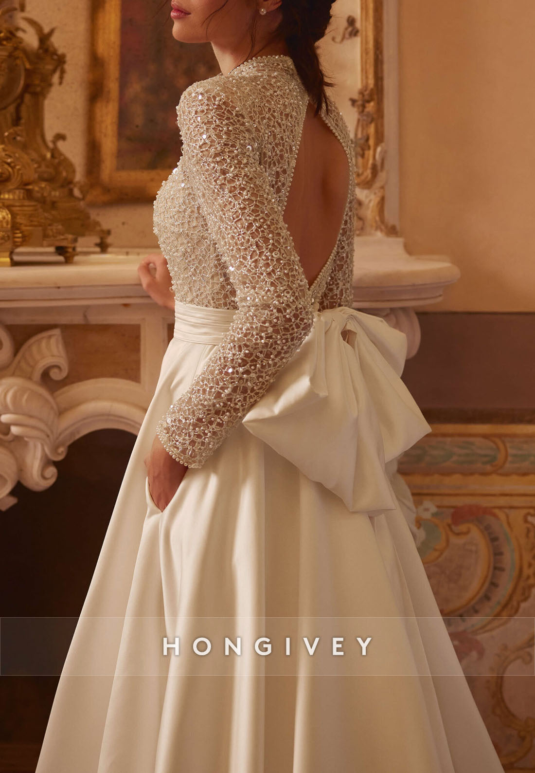 Illusion Neck Long Sleeve Pleated High Neck Chapel Train Ball Gown Bowknot Back Hole Wedding Dresses