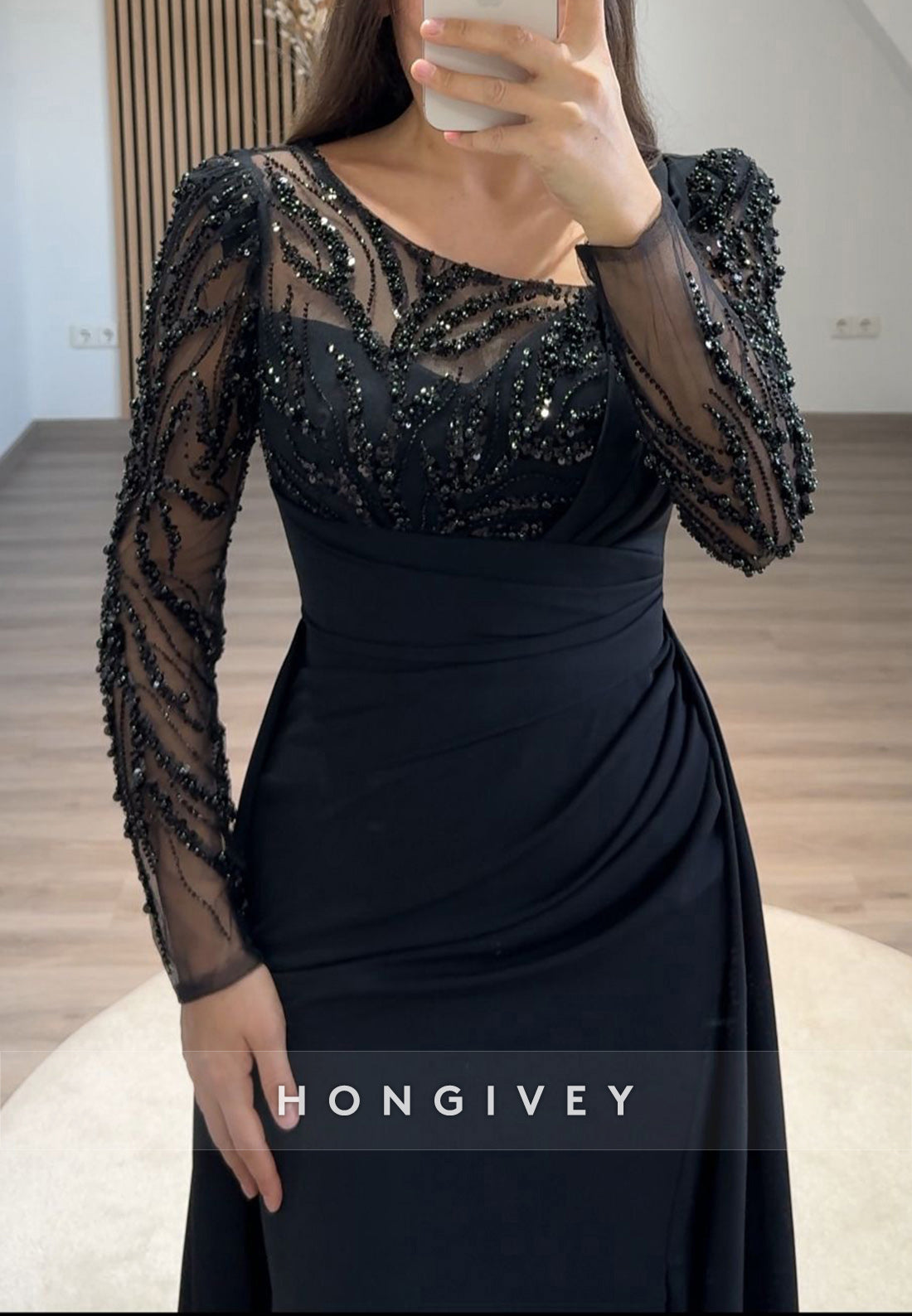 Pleated Beading Long Sleeve Illusion Neck Sweep Train Formal Dresses