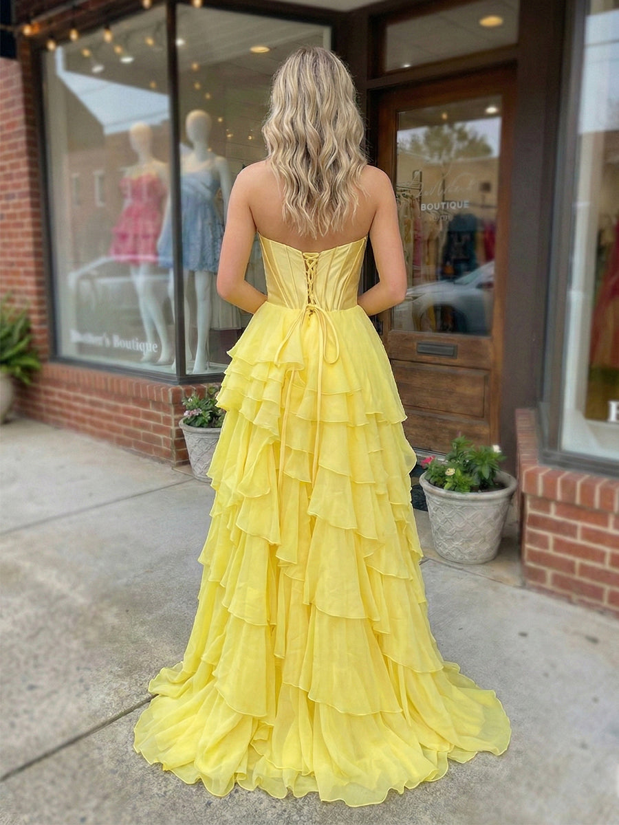 Yellow A Line Corset Ruffle Prom Dress with High Slit
