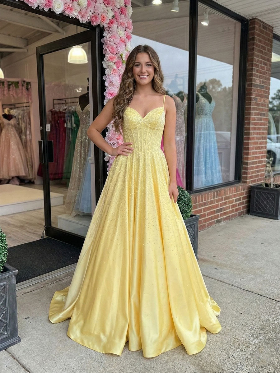 yellow beaded dress Corset Satin Long Prom a scoop neckline 2.00 prom dresses blue lace Color::#23-Tangerine