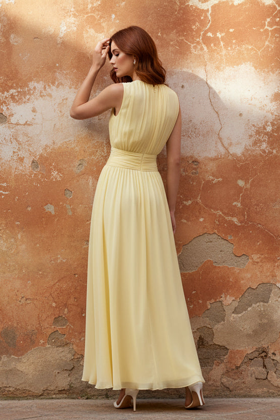 Ruched Chiffon O-Neck Sleeveless A-Line Ankle-Length Evening Dress