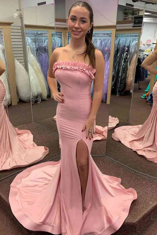 Yellow Satin Mermaid Ruffled Strapless Long Prom Dresses With Slit