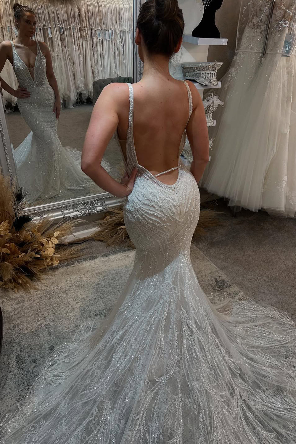 Gorgeous Mermaid V Neck Sequins Lace Long Wedding Dress