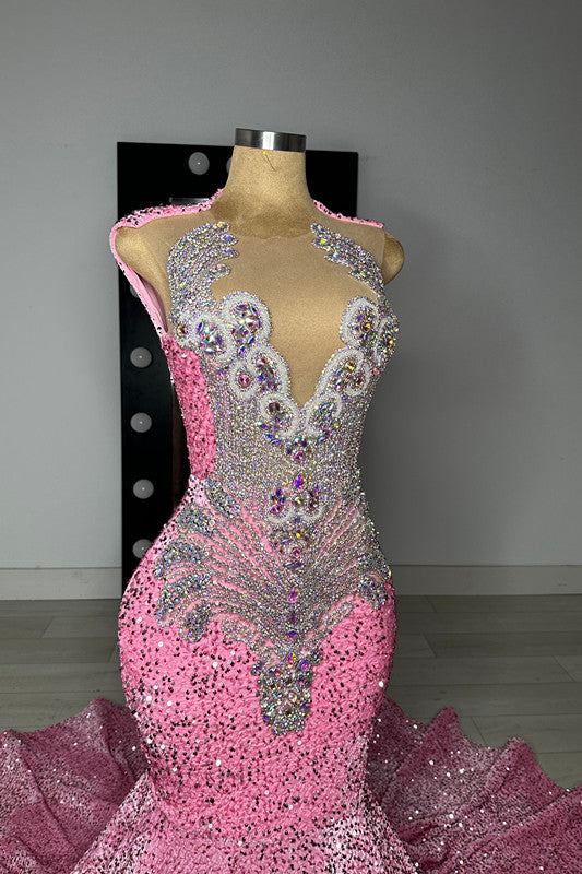 Pink Scoop Sleeveless Mermaid Prom Dresses Sequins Long With Beadings