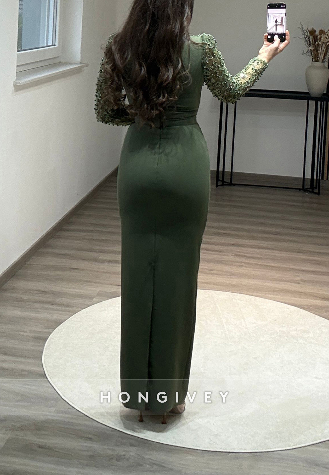 Beading Long Sleeve Scoop Floor-Length Column Formal Evening Dresses