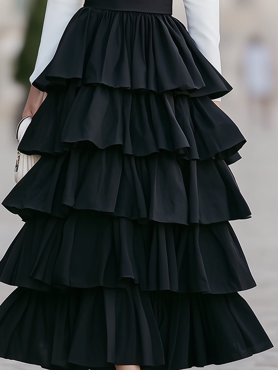 Black White V-Neck Tiered Ruffle Maxi Dress