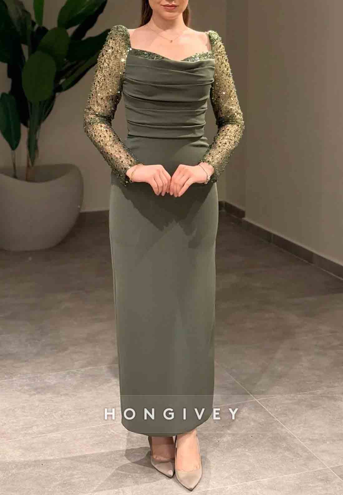 Column Ankle-Length Sequined Long Sleeve Pleated Evening Gown