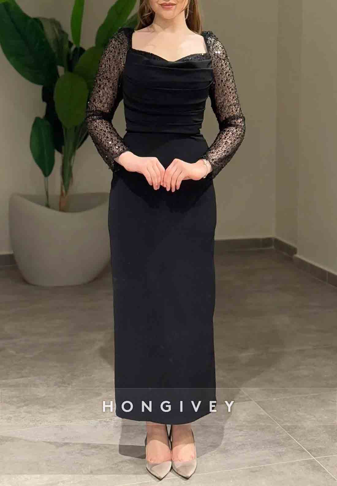 Column Ankle-Length Sequined Long Sleeve Pleated Evening Gown Column Ankle-Length Sequined Long Sleeve Pleated Evening Gown