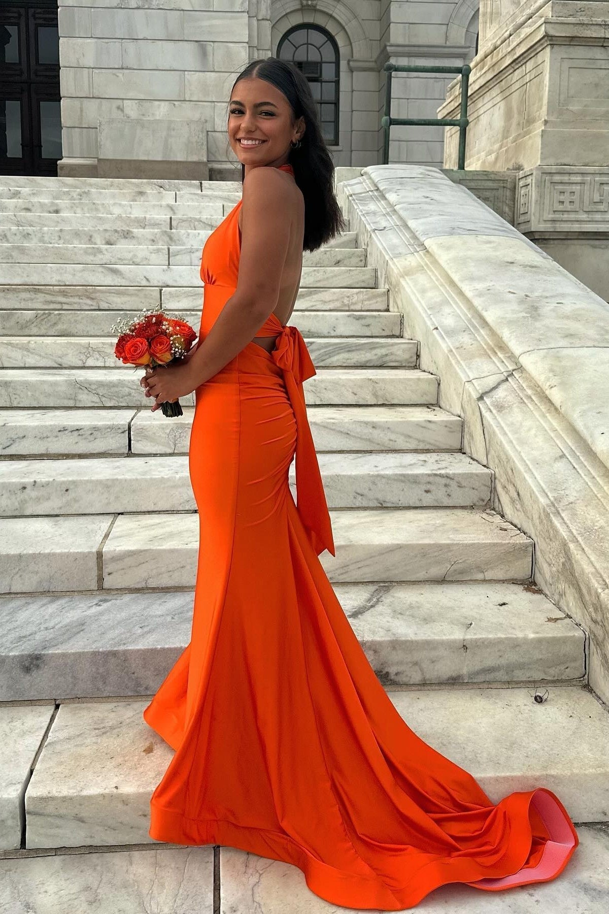 Plunge Neck Pink Open Back Mermaid Long Dress