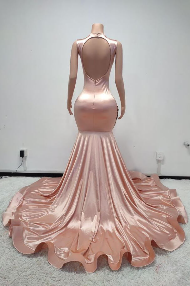 Sleeveless Scoop Mermaid Prom Dresses Long Open Back With Beadings