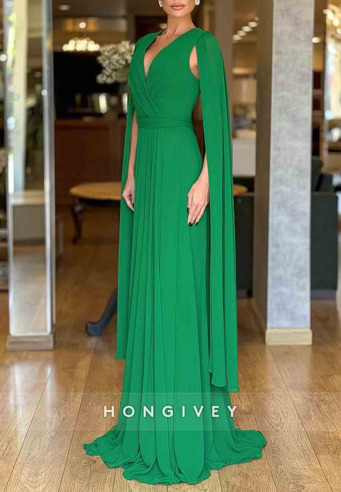 V-Neck Elegant Floor-Length V Back Column Shawl Pleated Wedding Guest Dresses