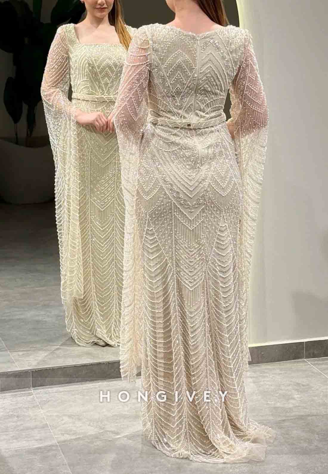 Square 3/4 Sleeve Pleated Floor-Length Trumpet Beading Evening Gowns
