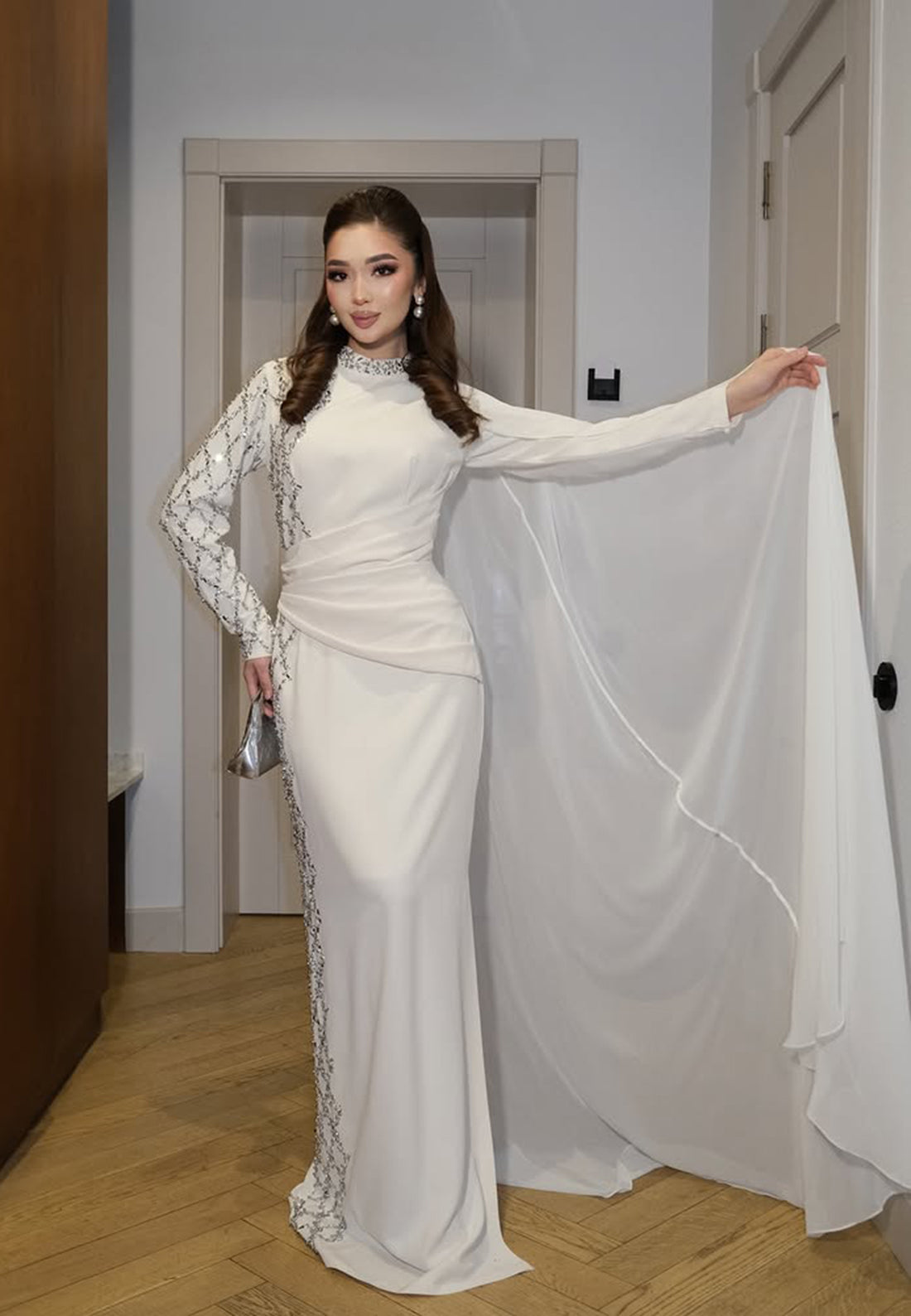 Beaded High Neck Long Sleeve Mermaid Shawl Floor-Length Evening Dress