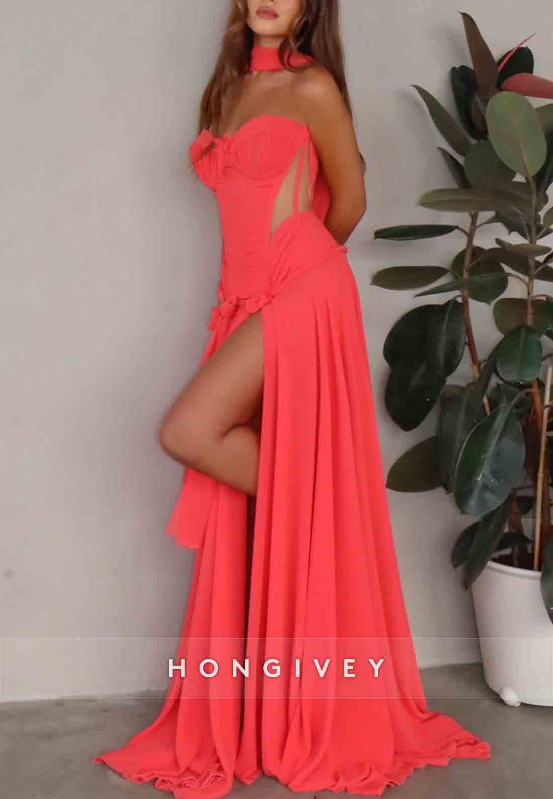 Halter Sweetheart A-Line Floor-Length Prom Dresses with High Slit