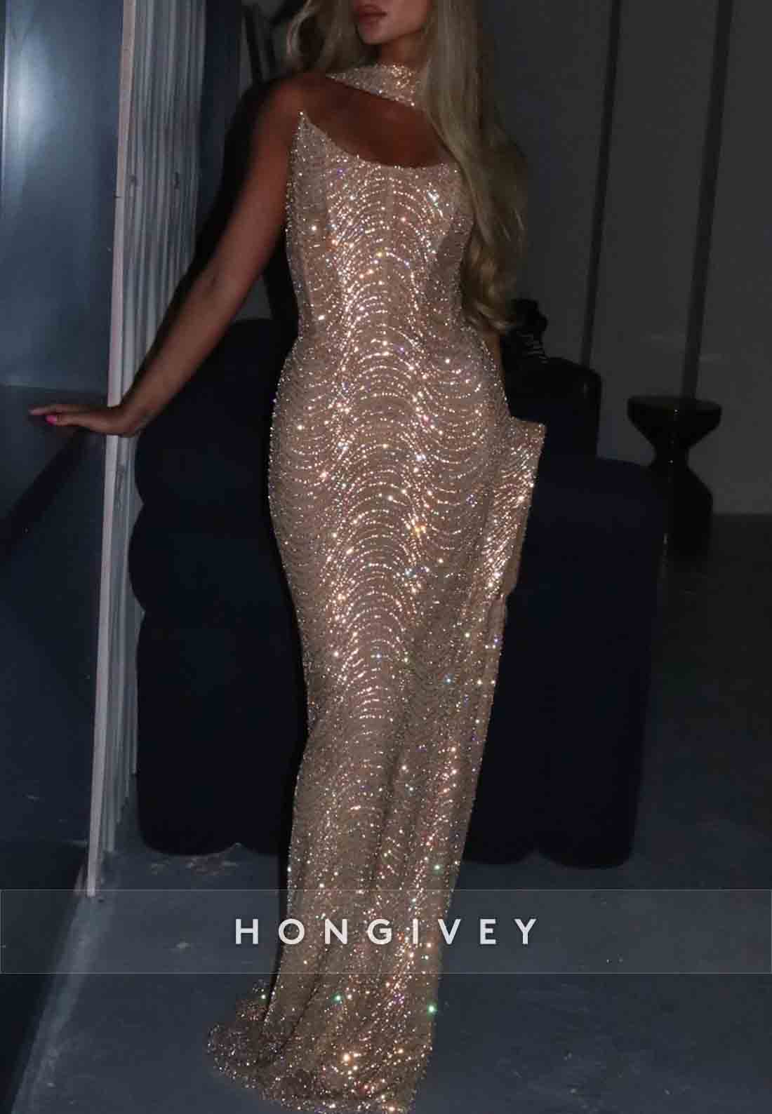 Side Slit Strapless Prom Dresses Glitter Sheath Floor-Length Prom Dresses