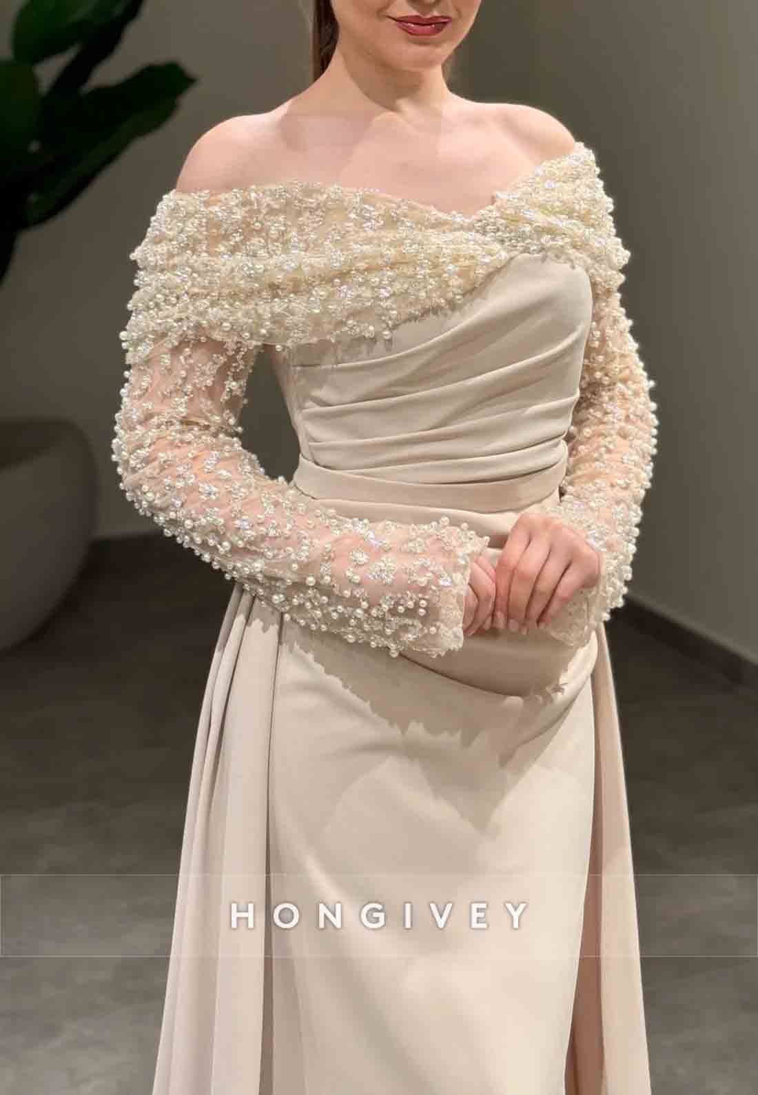 Detachable Column Floor-Length Formal Dresses Off the Shoulder Long Sleeve Beading Evening Gown