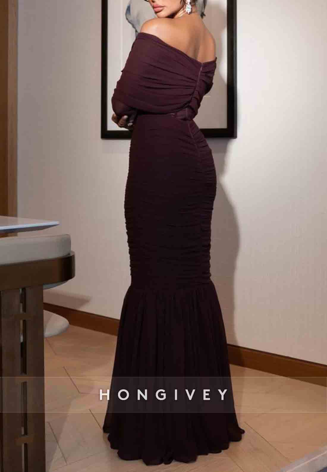 Long Sleeves Off the Shoulder Shawl Floor-Length Bowknot Mermaid Evening Gowns