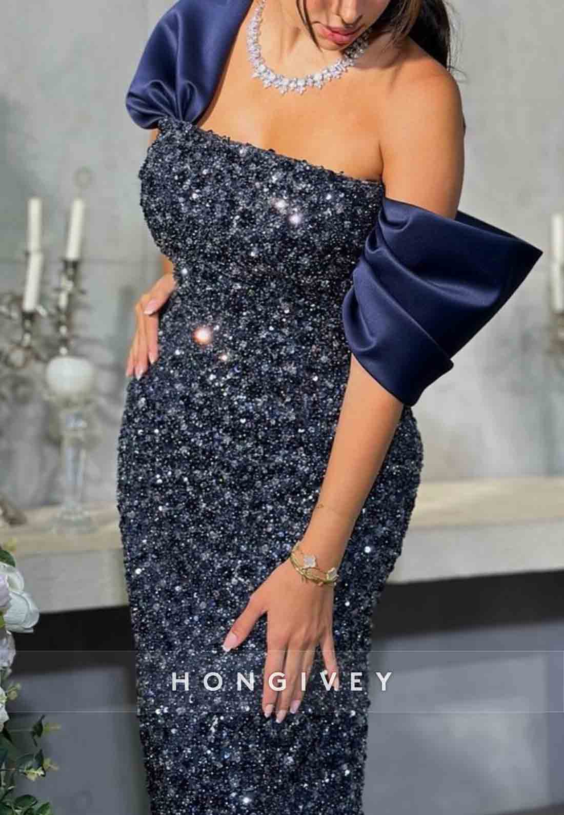 One Shoulder Sheath Beading Ankle-Length Back Bowknot Evening Gowns