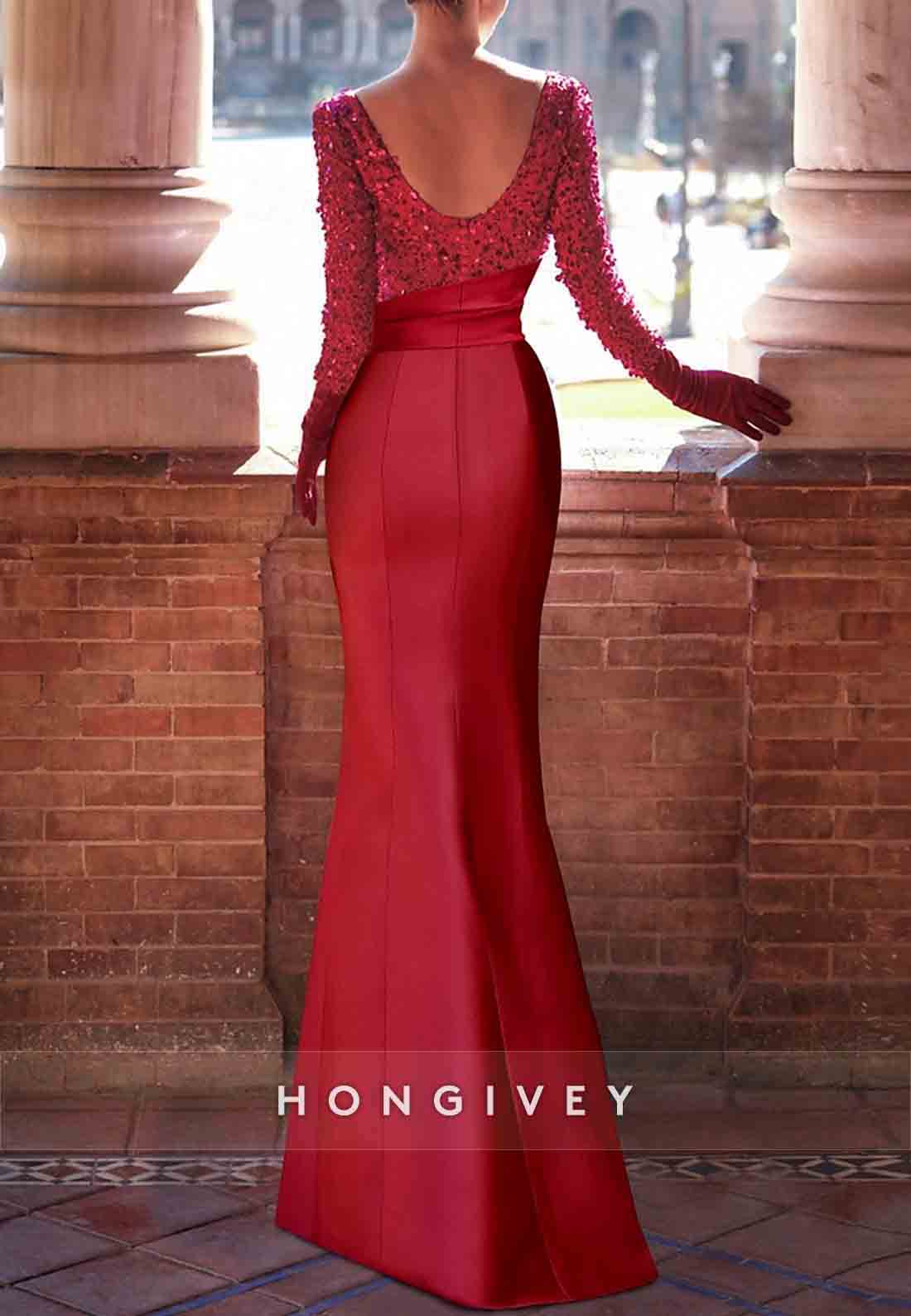 Sequined Foraml Wedding Sheath Bateau Neck Long Sleeves Evening Gowns with Ruffles