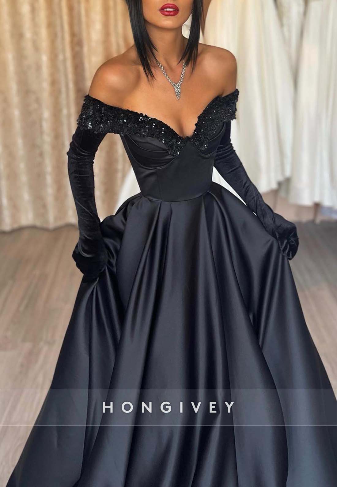 A-line V Neck Off the Shoulder Evening Gown Floor-Length Pleated Formal Dresses