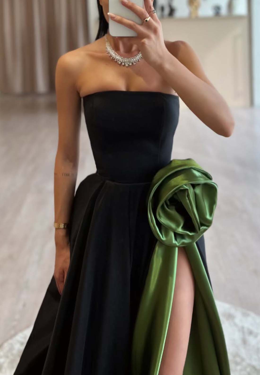 Princess Strapless High Slit Flower Pleated Sweep Train Satin Evening Gown