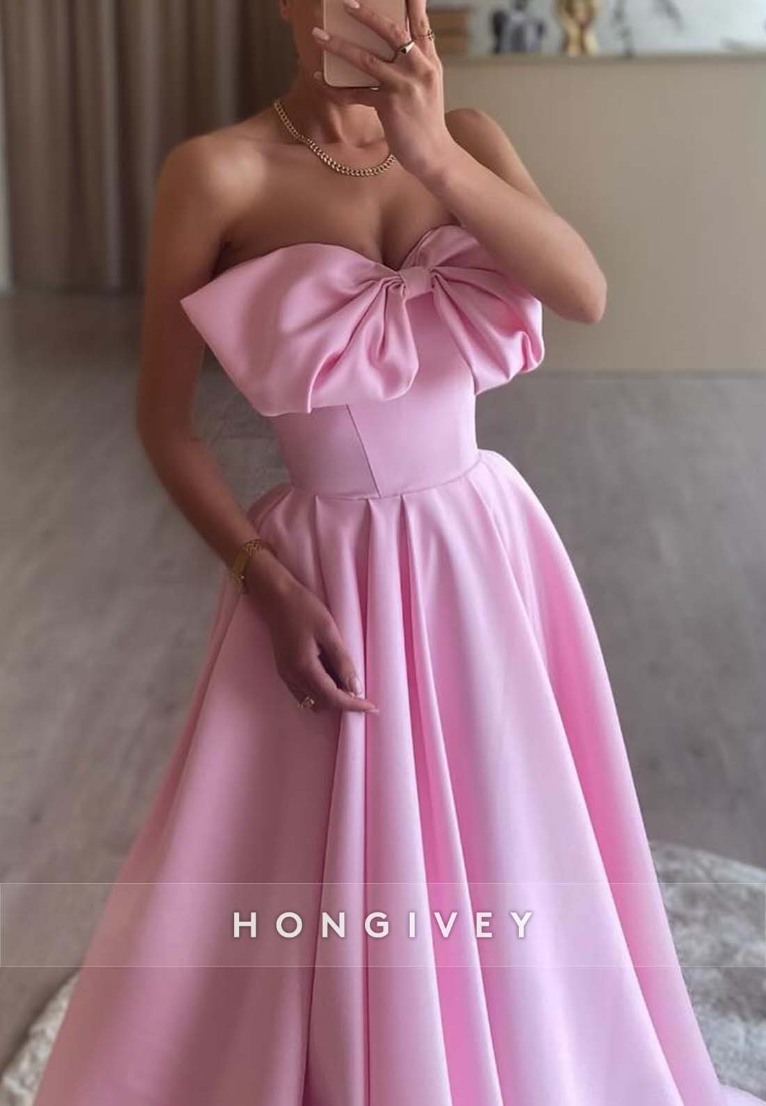 Bowknot Princess Strapless Pleated Sweep Train Satin Empire Evening Gown