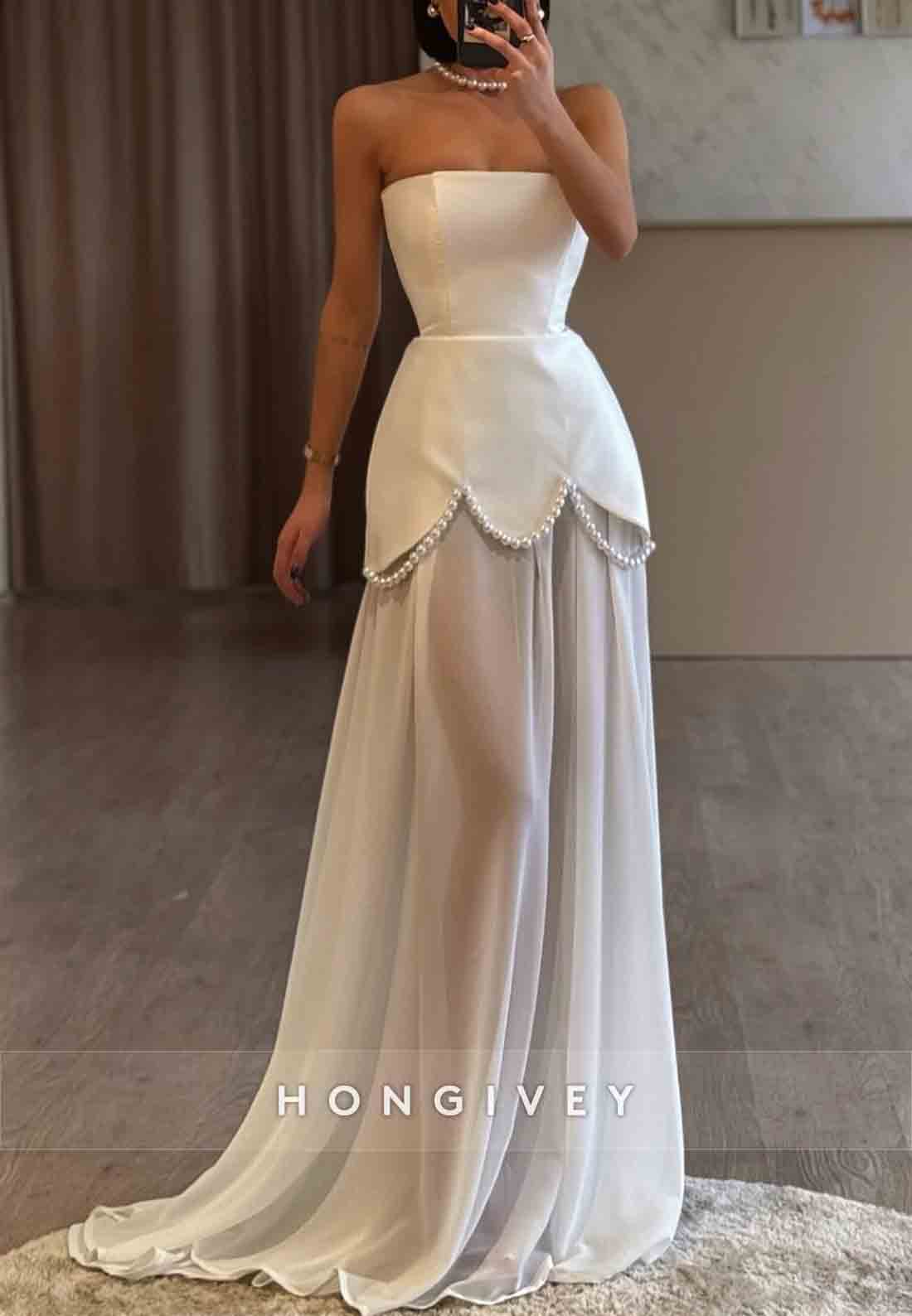 Strapless A-line Floor-Length Pearls Low Back Pleated Evening Gown