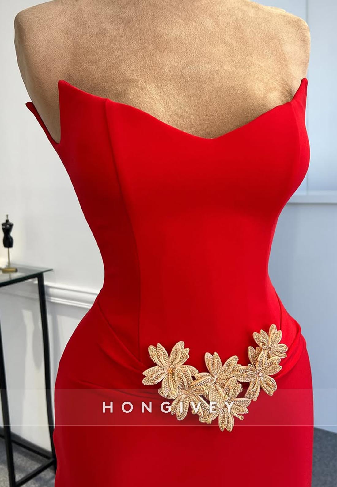 Sweetheart Rhinestone Floral Embellished Mermaid Long Prom Dresses with Train