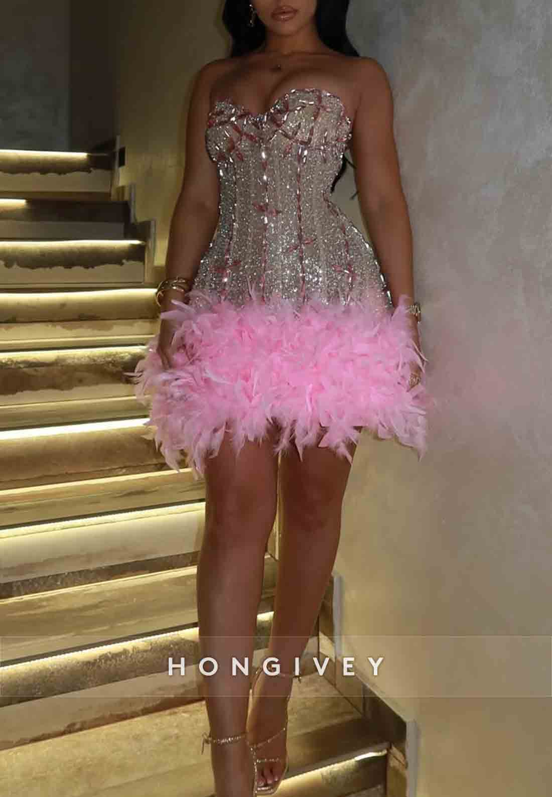 Strapless Sweetheart Beading Feather Sleeveless Short Homecoming Dresses