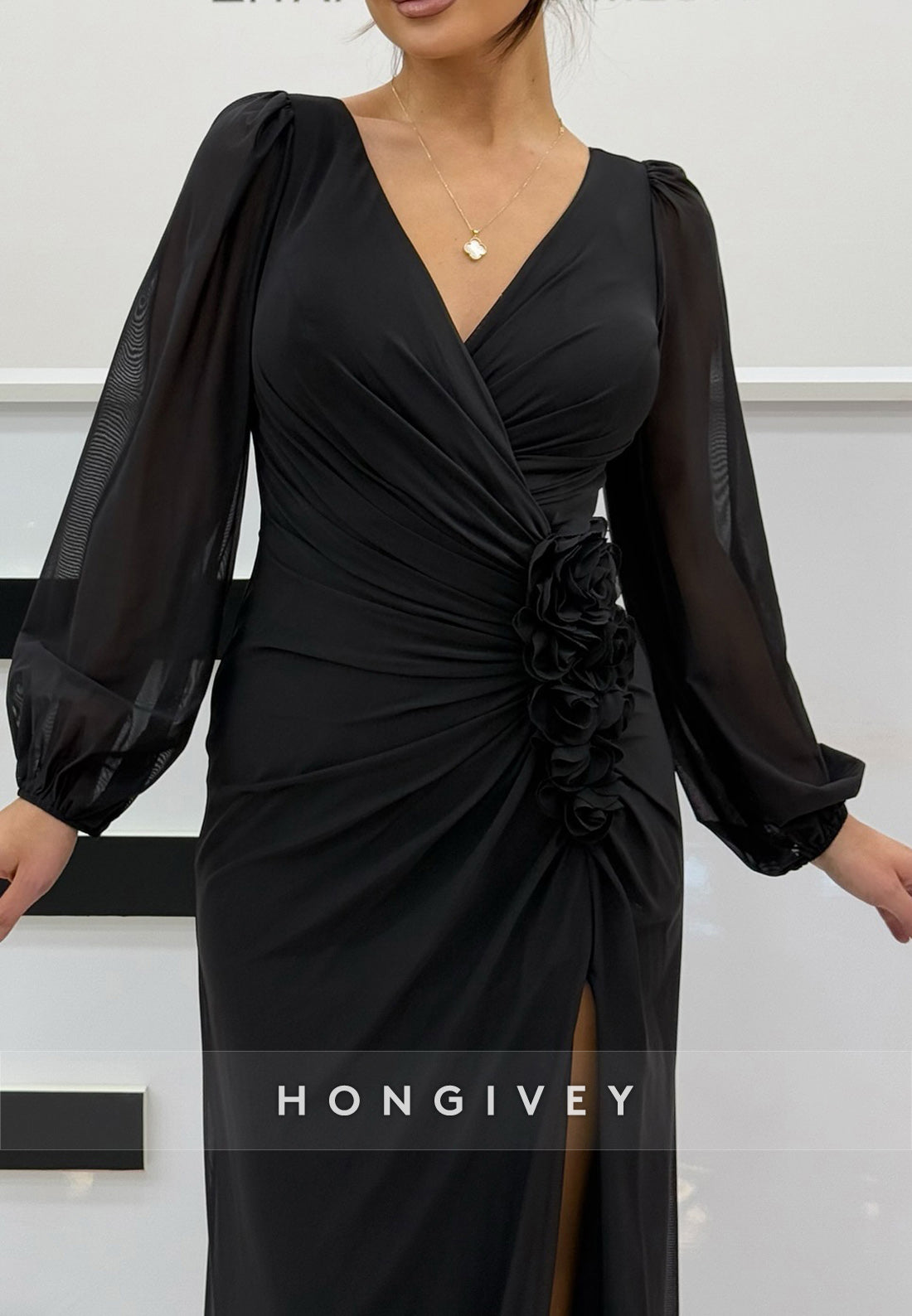 High Slit V Neck Long Sleeve Floor-Length Column Evening Gown Pleated