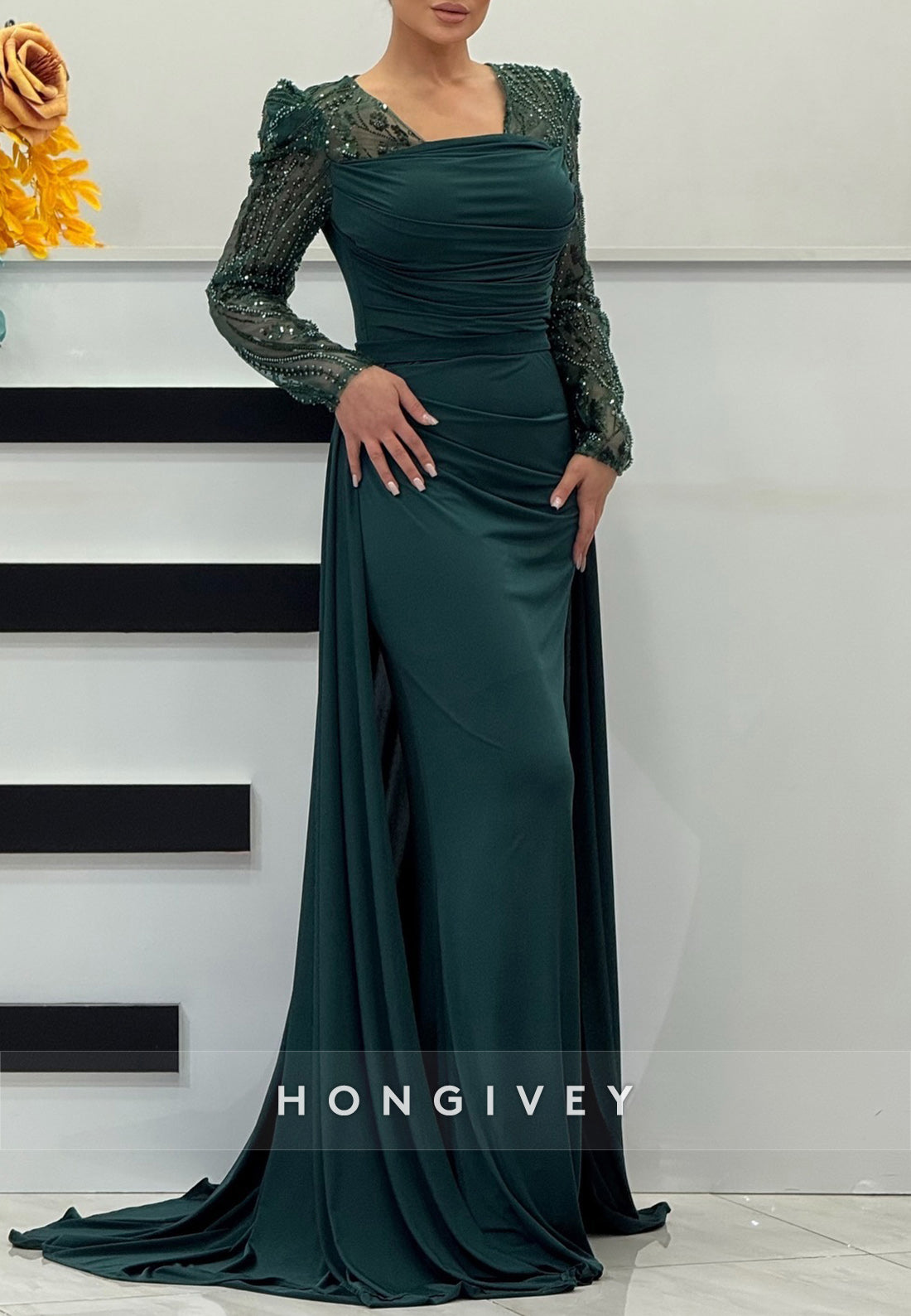 Formal Column Court Train Satin Long Sleeve Pleated Evening Gown