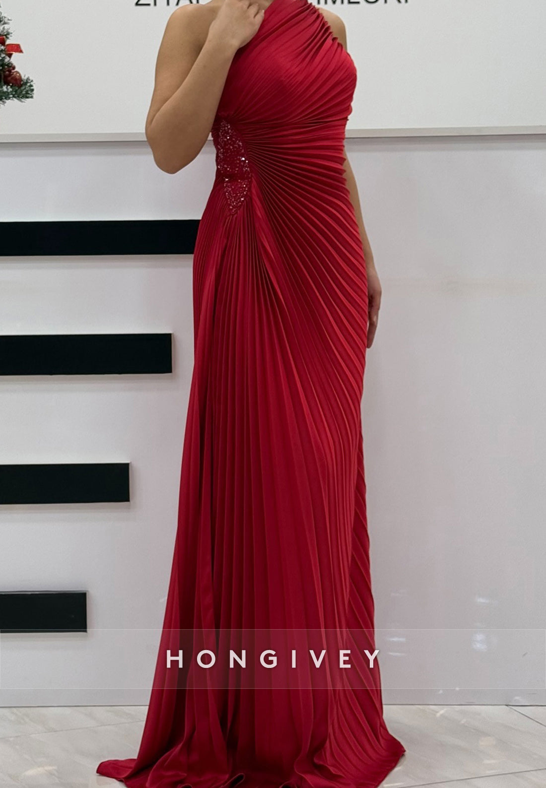 Simple One Shoulder Column Sweep Cascading Ruffles Train Satin Pleated Evening Gown