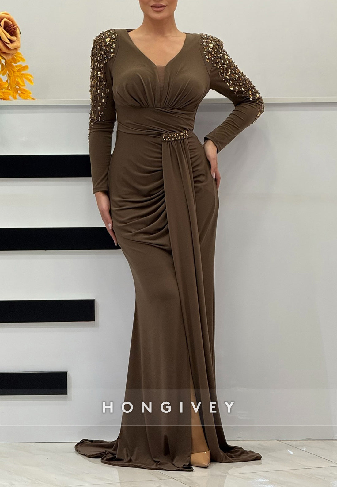 Column Sweep Train Long Sleeve Pleated with slit Rhinestone Evening Gown