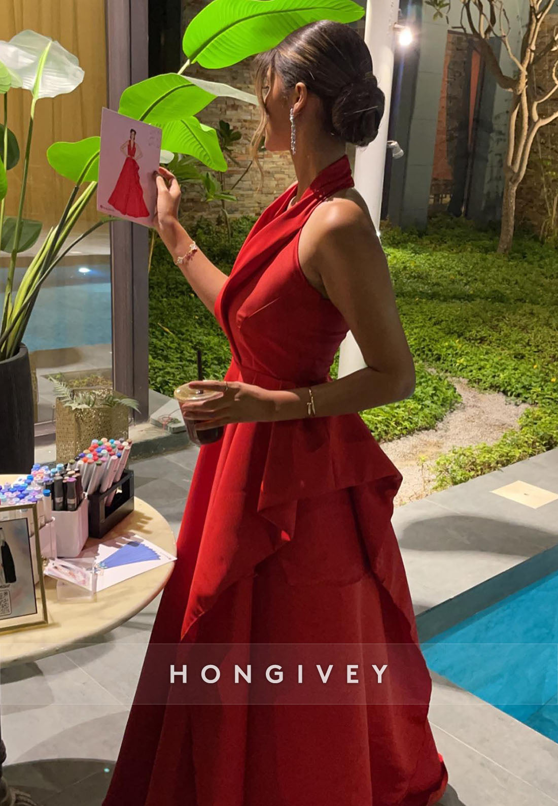 Red V Neck Halter Off the Shoulder Floor-Length Evening Gown