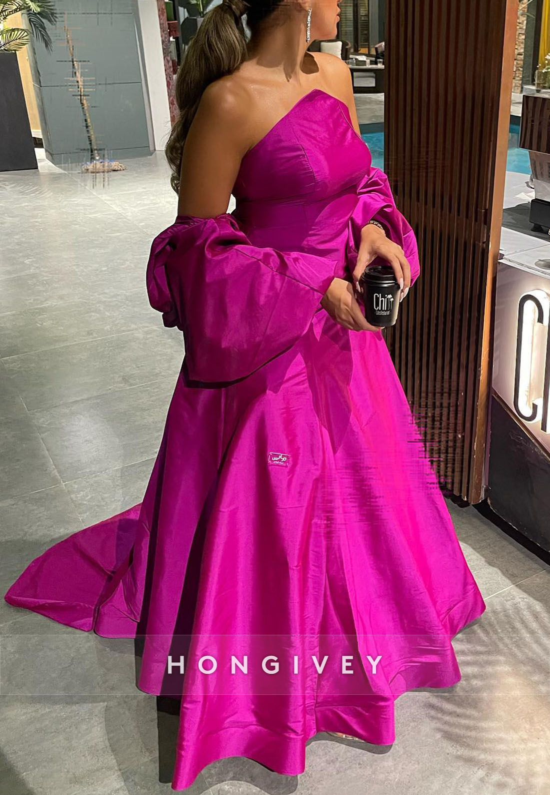 Fuchsia Puff Sleeve Evening Gown Off the Shoulder Pleated Formal Dress Fuchsia Puff Sleeve Evening Gown Off the Shoulder Pleated Formal Dress