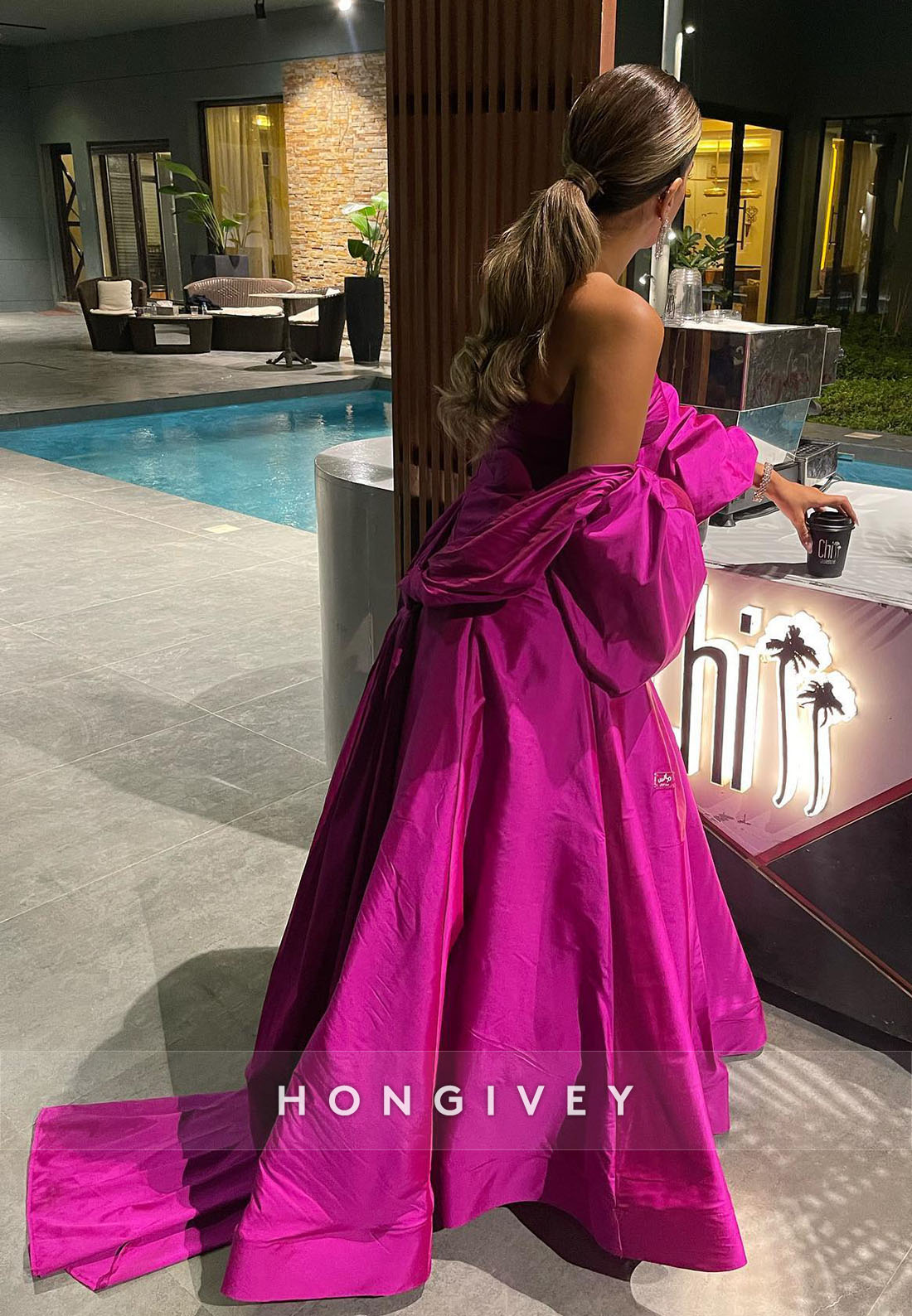 Fuchsia Puff Sleeve Evening Gown Off the Shoulder Pleated Formal Dresses