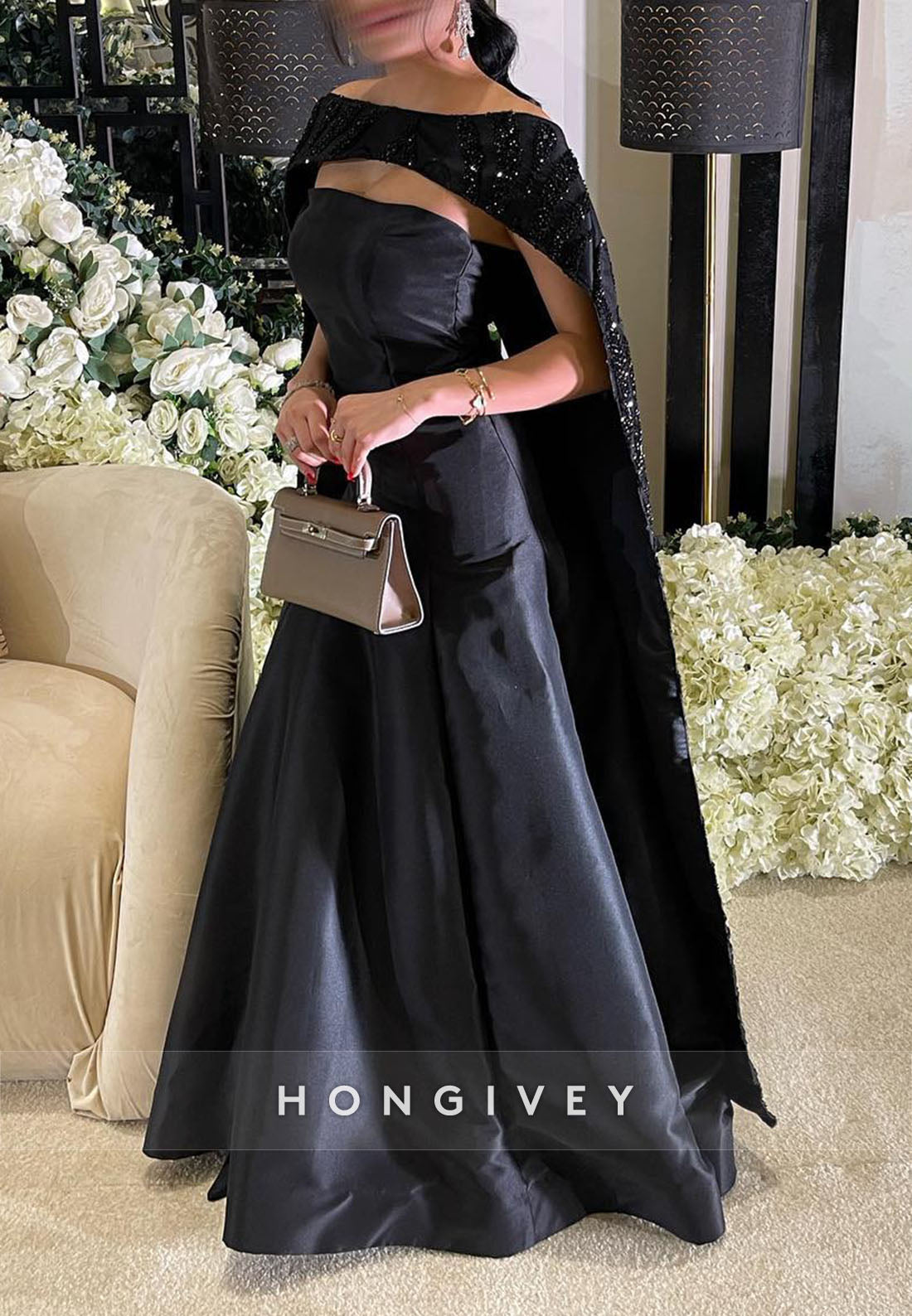 Satin Pleated Floor-Length Formal Dresses Cape Trumpet Evening Gown