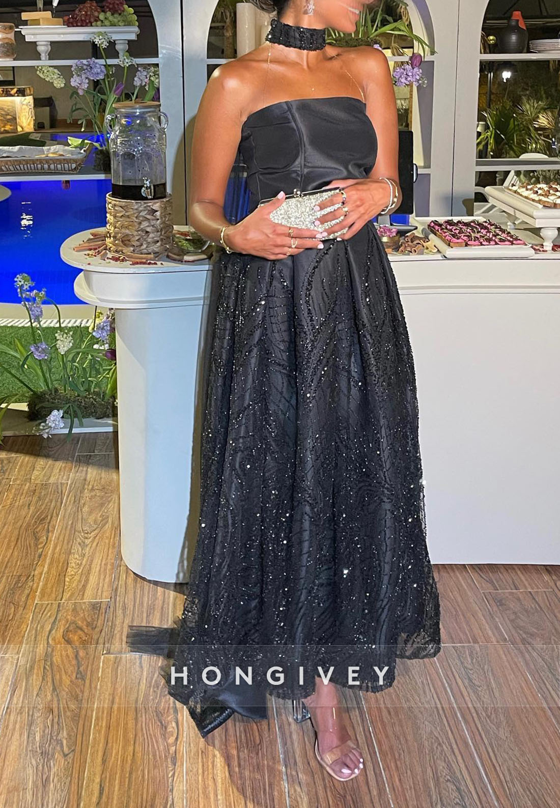 A-line Ankle-Length Off the Shoulder Formal Dresses Pleated Metallic Yarn Evening Gown