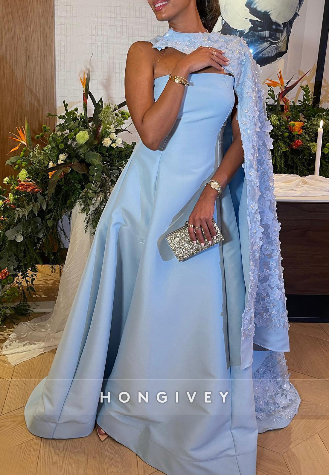 A-line Floor-Length Off the Shoulder Handmade Flowers Cape Evening Gown