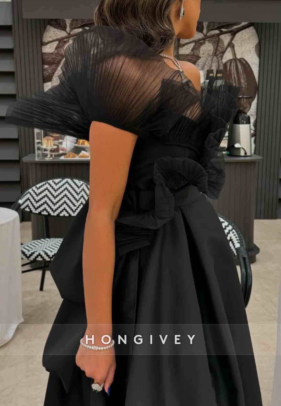 High Slit Satin Off the Shoulder Floor-Length A-Line Pleated Evening Gowns