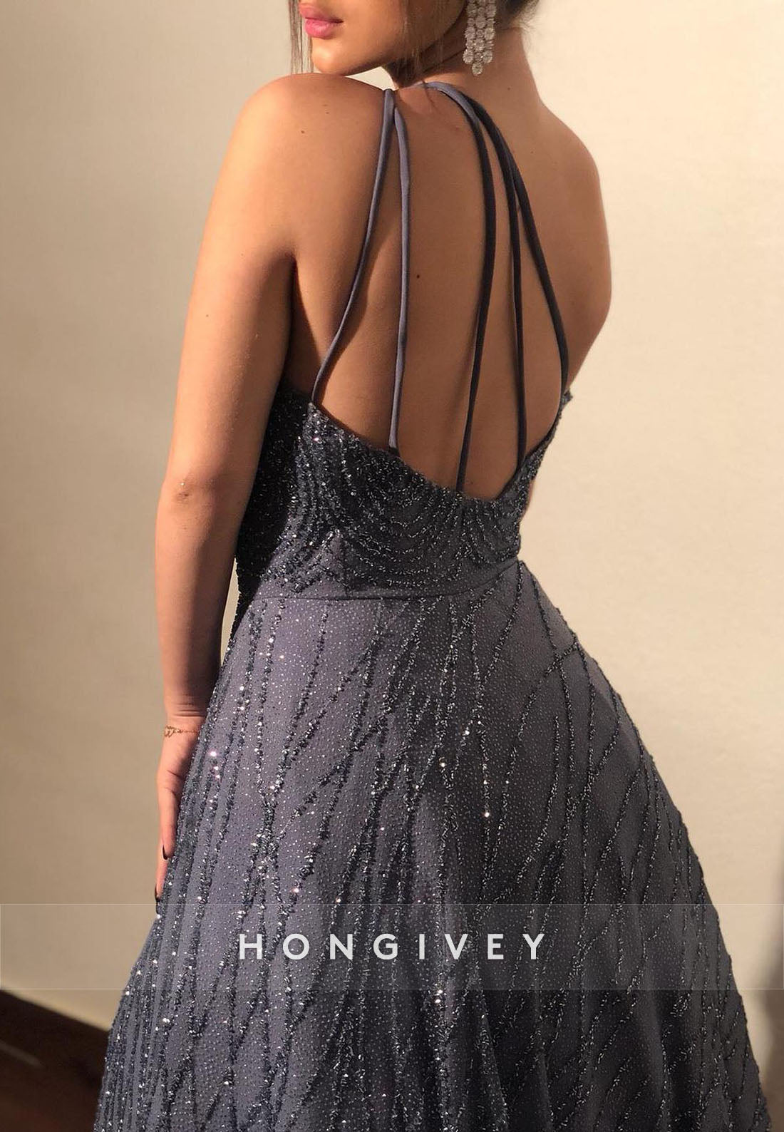 Asymmetrical Neck Metallic Yarn Crisscross Back Sparkling Evening Gown