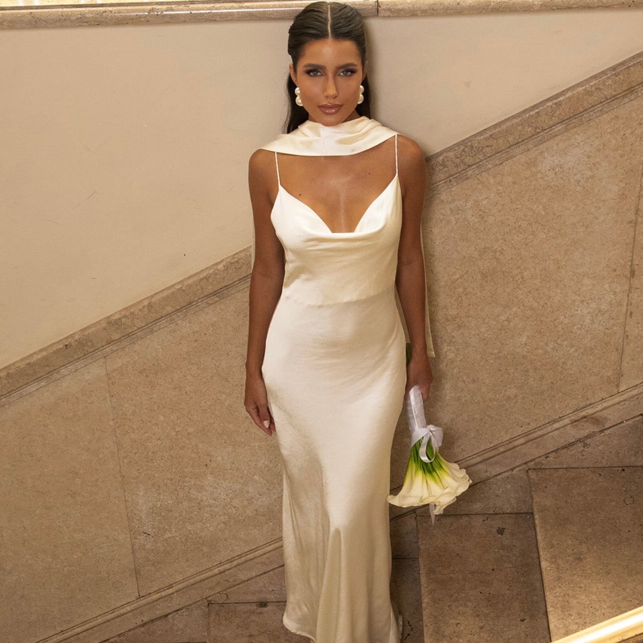 Cowl Neck Slip Wedding Dress with Watteau Train