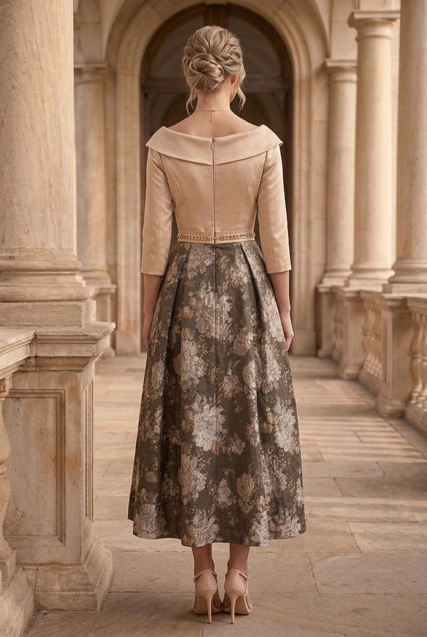 Foldover Portrait Collar Jacquard Midi Dress
